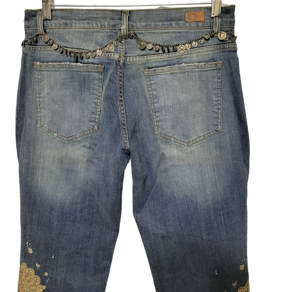 DKNY NWT Size 12 Jeans Denim Gold Glitter So Low Lita Chain Belt Boot Distressed - Picture 7 of 16